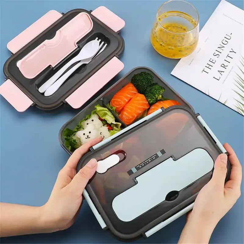 1500ML Lunch Box Food Storage Box 3 Grids Student Office Worker Microwave Bento Box Outdoor Picnic Container With Fork Spoon