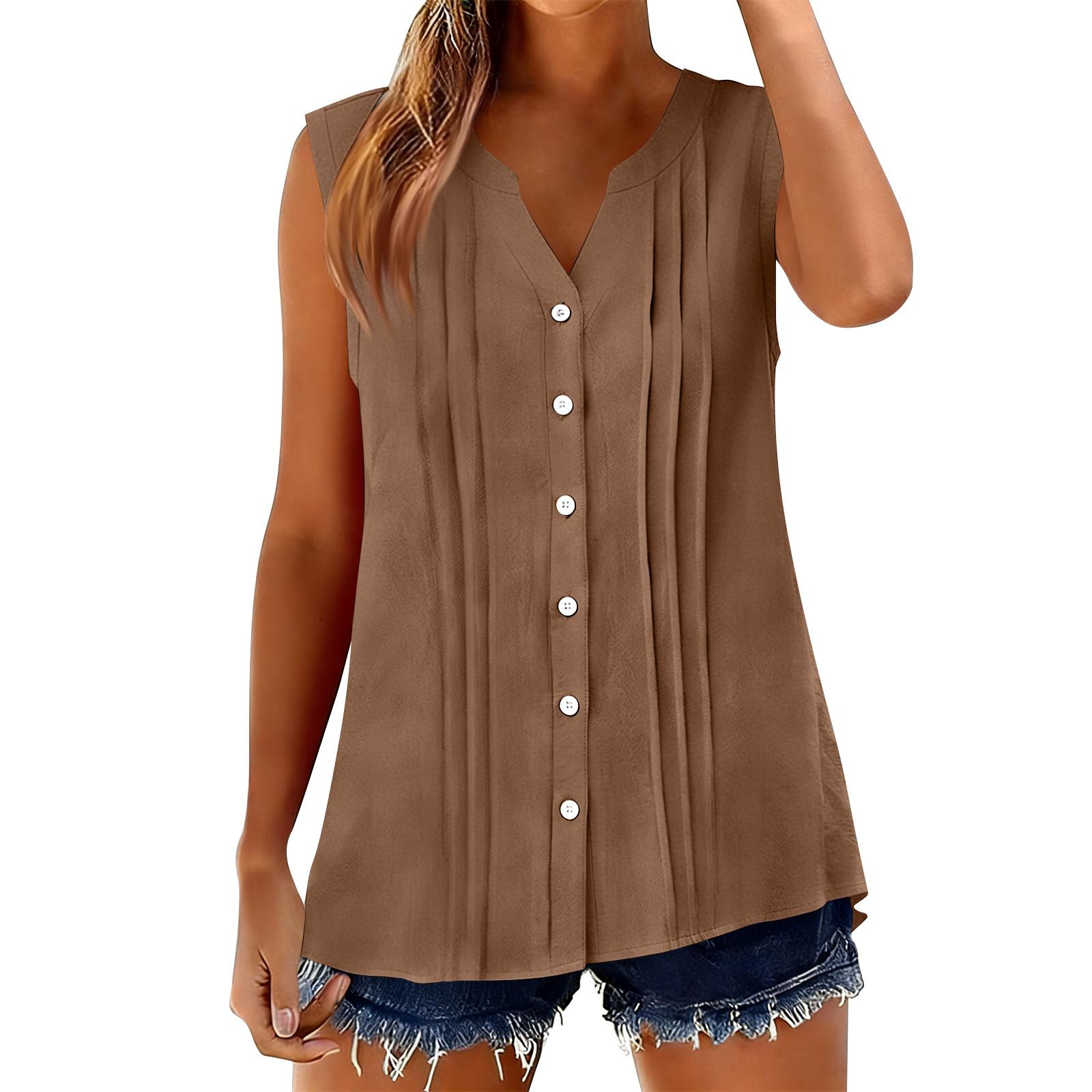 Женские безрукавные топы Хлопок Лен Рубашки на пуговицах V-образный вырез Плиссированные Повседневные Свободные рукава Рубашка S коричневый