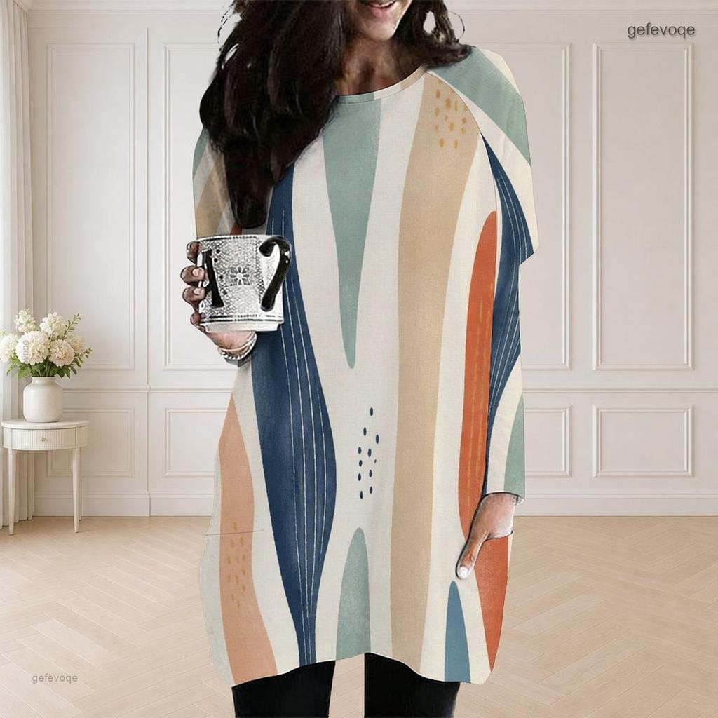 Women Plus Size Round Neck Long Sleeve Pink Black Geometric Printed Loose Longline Top With Pockets