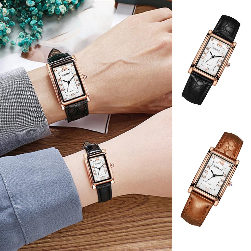 OURSTART Men Square Quartz Watch with Rhinestone Markers Genuine Leather Strap Stainless Steel Case Water Resistant Wristwatch