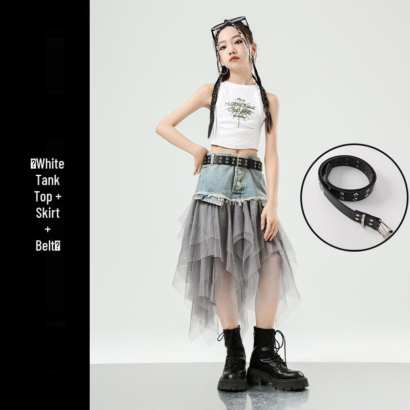 Mädchen Jazz Dance Hip Hop Denim Performance Outfit - Trendiges Kinder Laufsteg Set