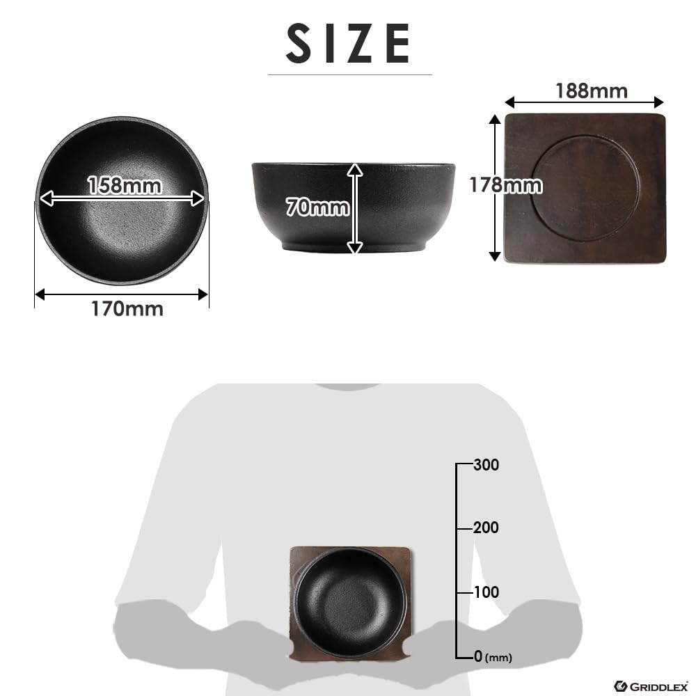 KIPROSTAR 17cm Cast Iron Bibimbap Pot with Dedicated Wooden Stand, Induction Compatible, Direct Heat Compatible, and Oven Safe, by GRIDDLEX