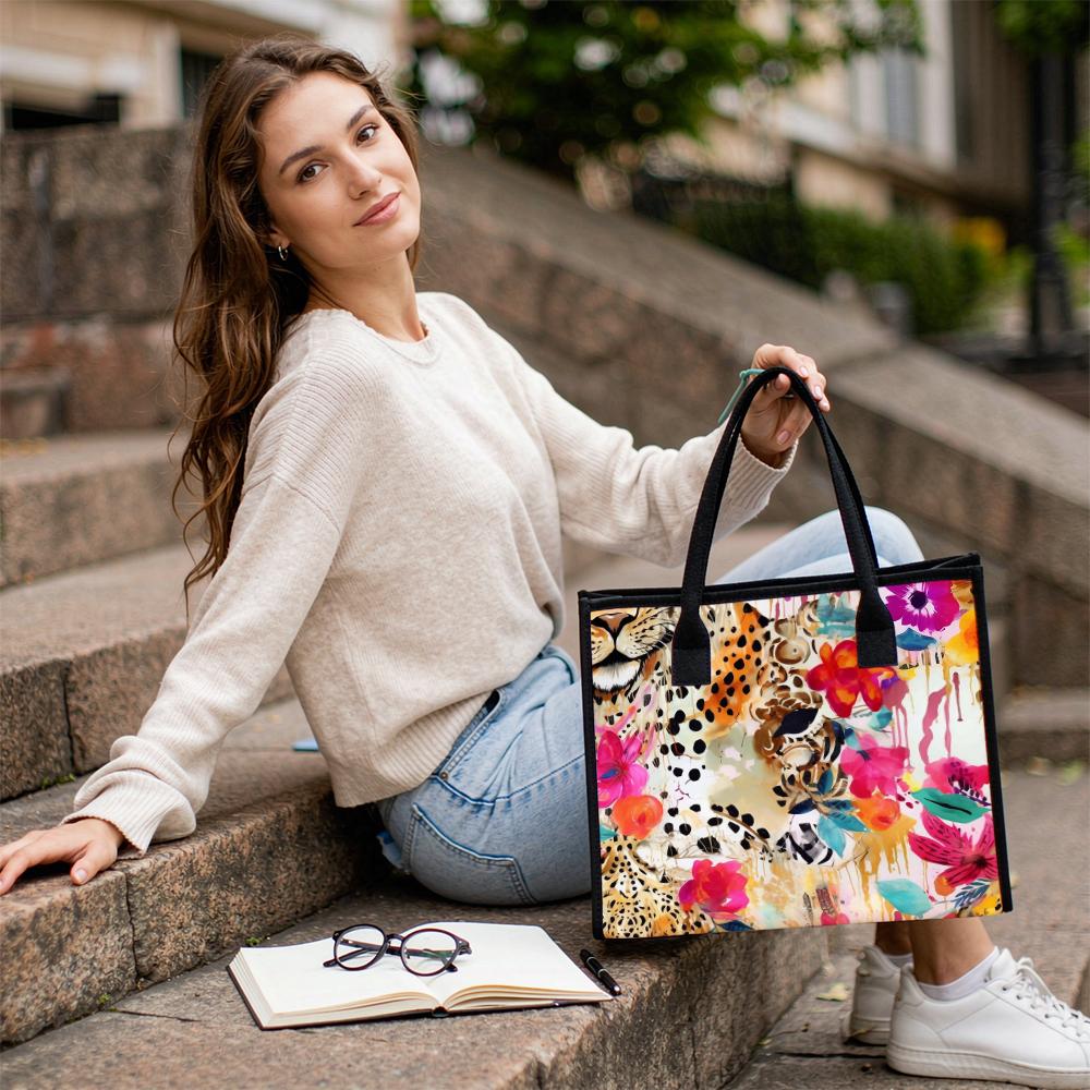 Floral Leopard Print Tote Bag Large Capacity Casual Canvas Shoulder Bag for Daily Shopping Travel