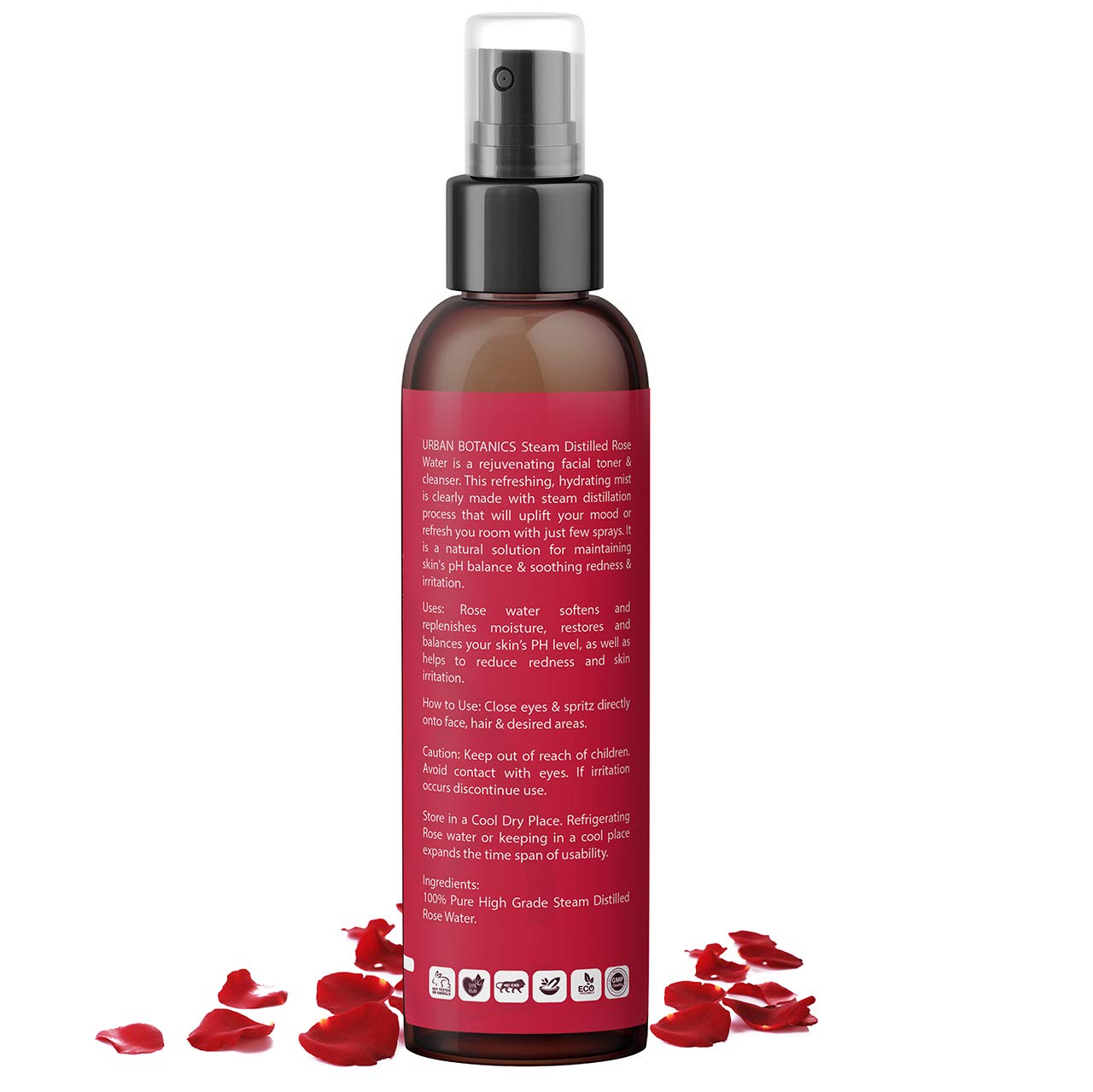 UrbanBotanics® 100% Чистая и Натуральная Розовая Вода-Спрей Для Лица, Кожи и Волос - Получена Паровой Дистилляцией - Тонер - Гулаб Джал - Без Химикатов - 200 мл