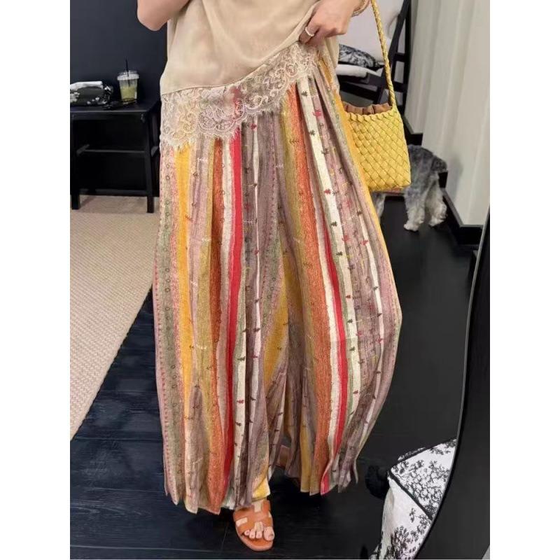 Women Color Striped Thin Summer Loose Straight Wide Leg Cropped Casual Pants M
