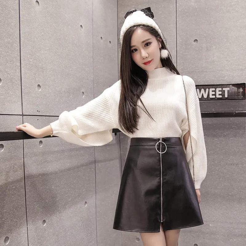 

Женская винтажная юбка трапециевидной формы с кожаным кольцом и застежкой-молнией с высокой талией, элегантная тонкая короткая универсальная юбка в стиле хип-хоп с запахом L чёрный