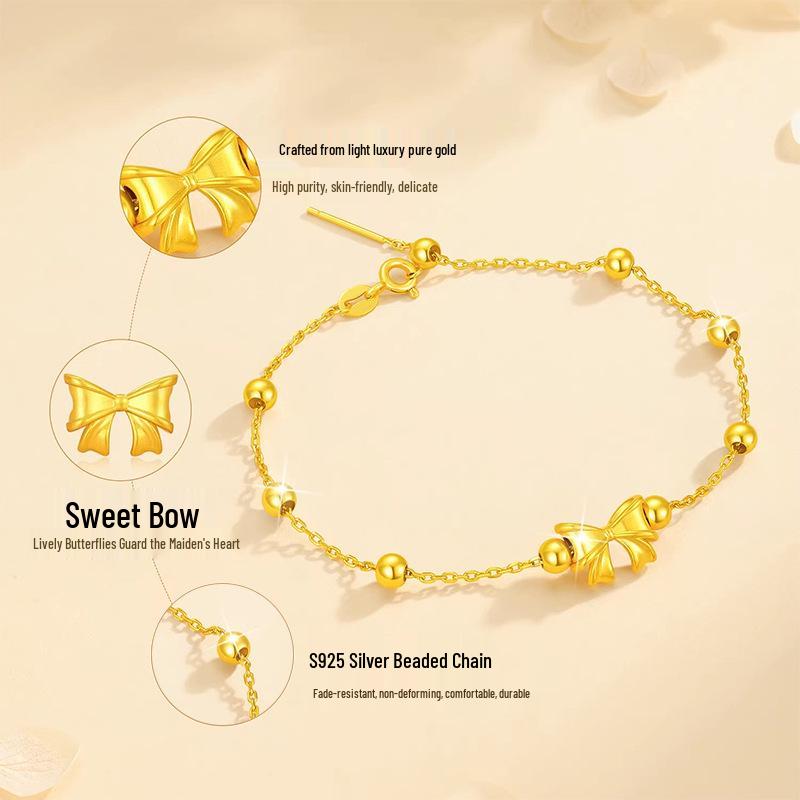999 Pure Gold Bowknot Bracelet for Women - New Style Gift with S925 Chain