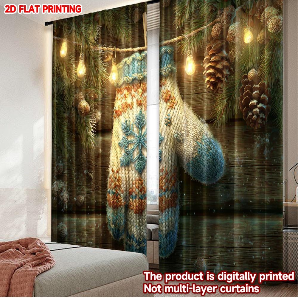 

Set Of 2 Knit Gloves Winter Curtains Flat Digital Printing Cozy Pine Cones Branches Warm Lights Christmas Bedroom Decor Made Polyester Window W100*H70(CM)-Rod Pocket&1PCS