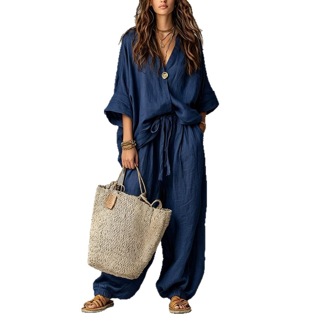 1116 Popular Women's Clothing Autumn and Winter New Casual Loose Wind Large Flanged Middle Sleeve Drawstring Set