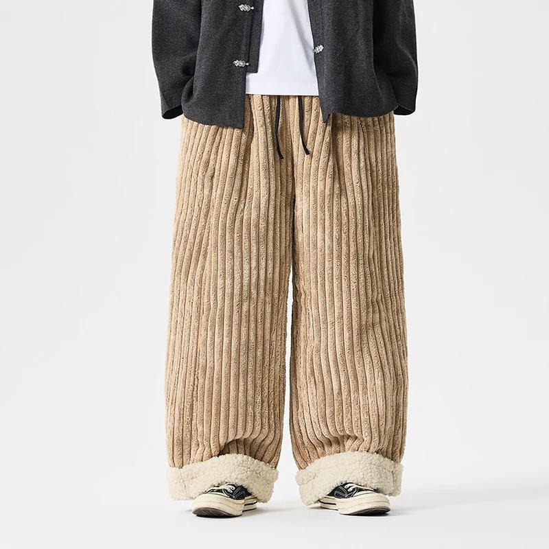 Pánské manšestrové ležérní fleecové kalhoty Zimní pánské bavlnou vycpané kalhoty Pánské silné teplé široké nohavice rovného střihu Pánské volnočasové kalhoty