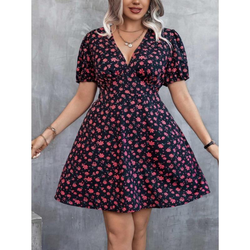 Fashion Elegant Floral Printed Dress Women's Plus Size Loose V Neck Casual Slim Waist A-line Party Dress Short Sleeved Bohemian V-neck Loose Clothing