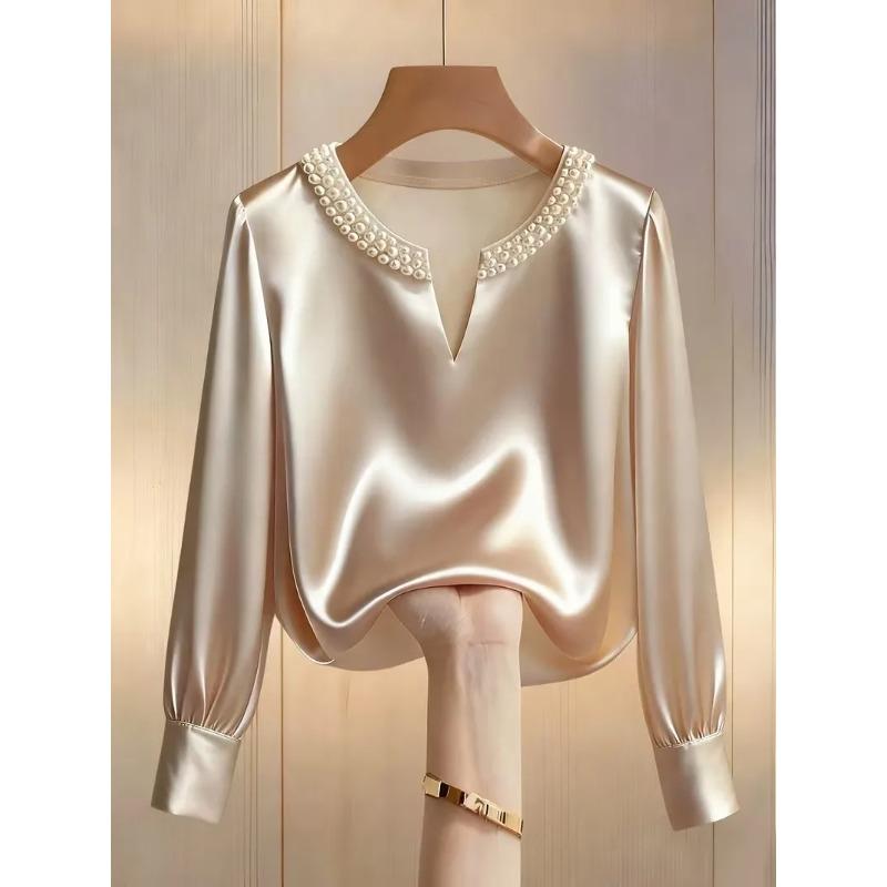 Bluză Satinată cu Mărgele, Decolteu în V, Mânecă Lungă, pentru Femei, Top Elegant Formal