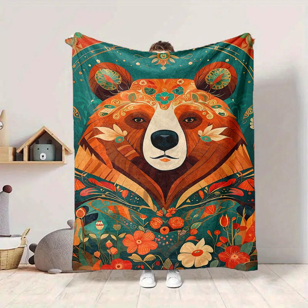 1pc Floral Bear Blanket, Lightweight Flannel Throw Blanket For Sofa, Bed, Travel, Camping, Living Room, Office, Couch, Chair, And Bed