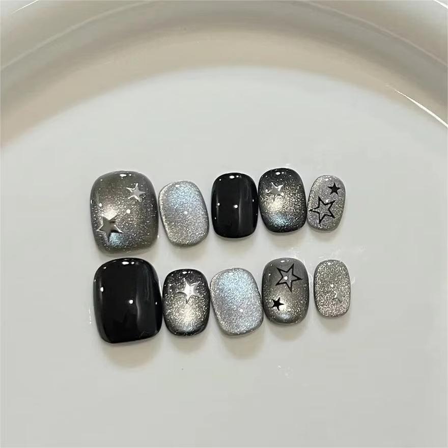 10Pcs Handmade Black Cat Eye Star Press On Nails Short Square Round Sweet Cool Wearable False Nail Art For Women Girls