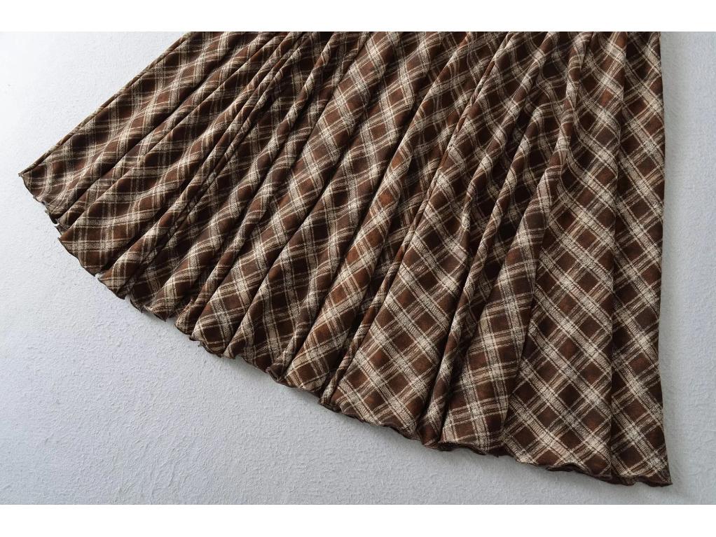 Women's High Waist Slimming A-line Brown Plaid Midi Skirt - 2025 Autumn/Winter Collection