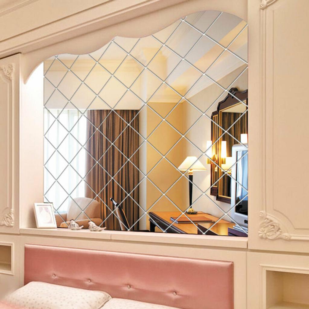 4x Bathroom Large Mirror Tiles Glass Wall Stickers Self Adhesive Reflective