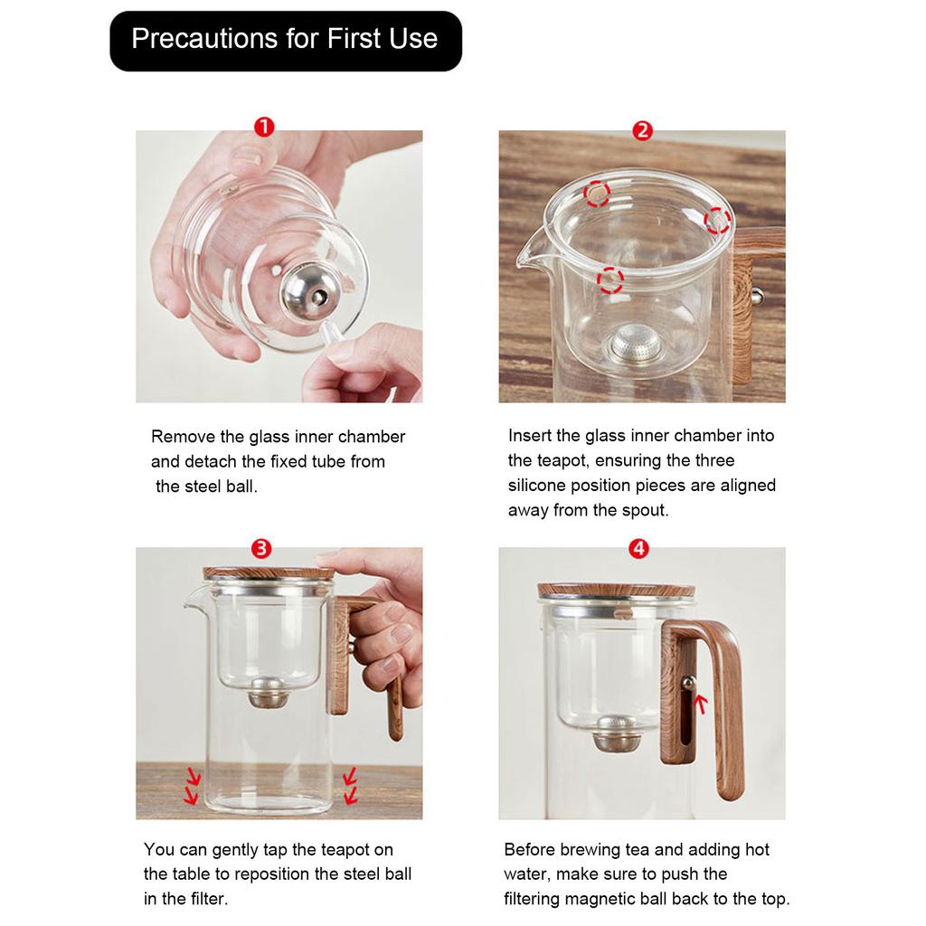 Glass Teapot with Infuser 600ml Stainless Steel One Touch Tea Maker Clear Tea Kettle with Wood Handle for Home Office