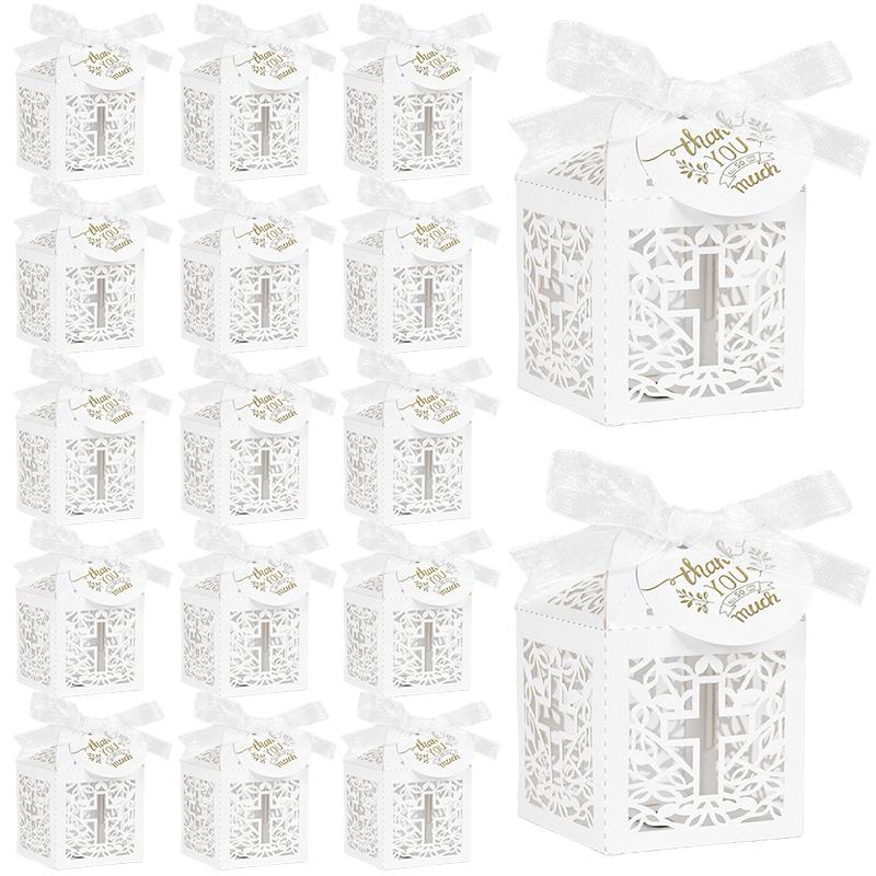 20/50pcs Christening Favors Candy Box Gift Packaging Box With Thank You Tag Kids Birthday Party First Communion Baptism Supplies