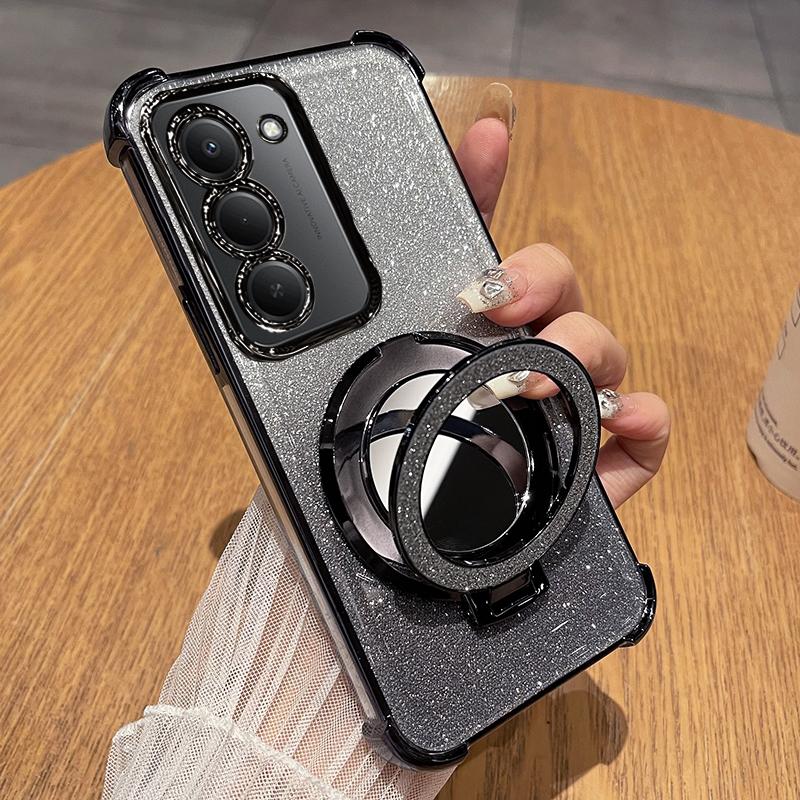 Four Corners Shockproof Glitter Case for Redmi 15 5G 15C 14C Magnetic Mirror Holder Silicone Case for Redmi Note 14S 14pro +