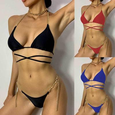 Costume da bagno sexy da donna con triangolo diviso, bikini estivo con perizoma laterale e catena, costume da bagno con reggiseno elastico