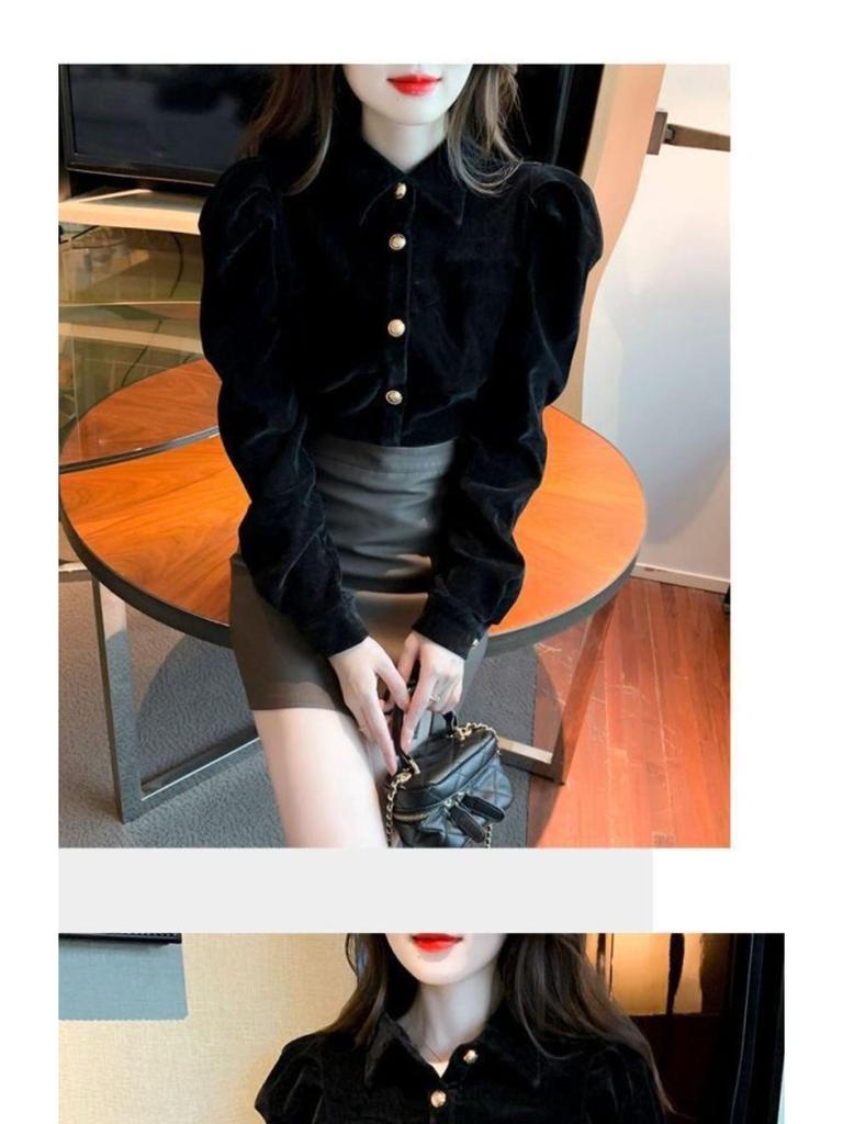 Women's Chic Black Velvet Puff Sleeve Top - Retro Court Style, Designer, Plus Velvet, Perfect for Autumn/Winter
