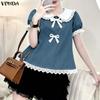 VONDA Elegant Women Turn Down Collar Lace Hem Bow Casual Short Sleeve Blouse