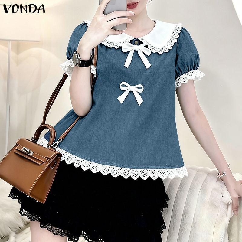 VONDA Elegant Women Turn Down Collar Lace Hem Bow Casual Short Sleeve Blouse