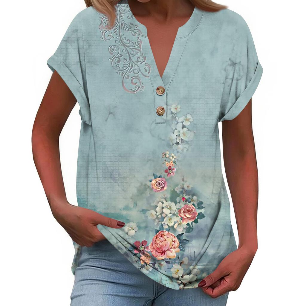 Women's Fashionable Casual Loose-Fit Short-Sleeved Button-Up V-Neck Printed T-Shirt Top