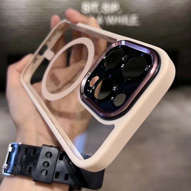 Luxury Magnetic Metal Lens Bumper Protection Case for IPhone 16 15 14 13 12 11 Pro Max Plus Magsafe Acrylic Translucency Cover