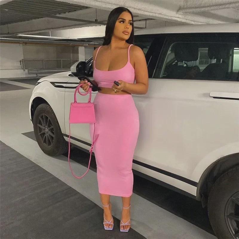 2023 Léto Dámský Evropský a Americký Styl Módní Set Crop Top na Ramínka a Boková Sukně