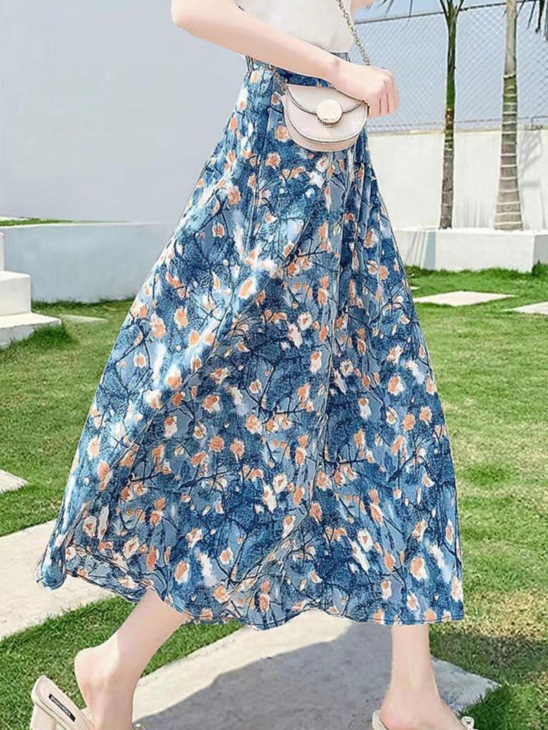 European Floral Print High-Waisted A-Line Skirt: Spring Temperament, Lazy Elegance, Unique Large Hem Design for Women