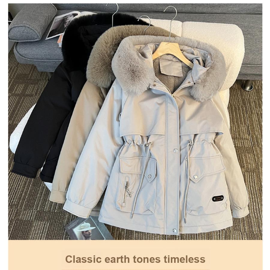 Ladies New Winter Fleece-Lined Coat with Fur Collar Fashion Versatile Outerwear Warm Cotton Jacket