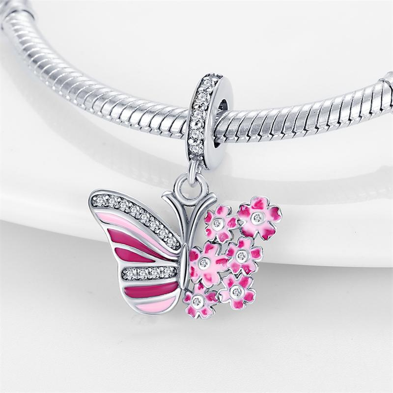 Charms Original Copper Cherry Blossom Series Pink Butterfly Pendant Beads Fit Bracelet Diy Fine Gift Women Delicate