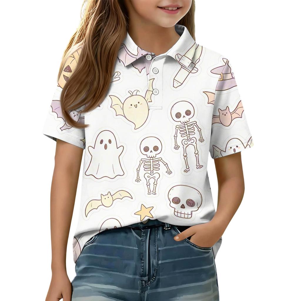 Kids Halloween Print Polo Shirt Short Sleeve Casual Top with Button Collar for Boys and Girls Comfortable Fit Lightweight Fabric