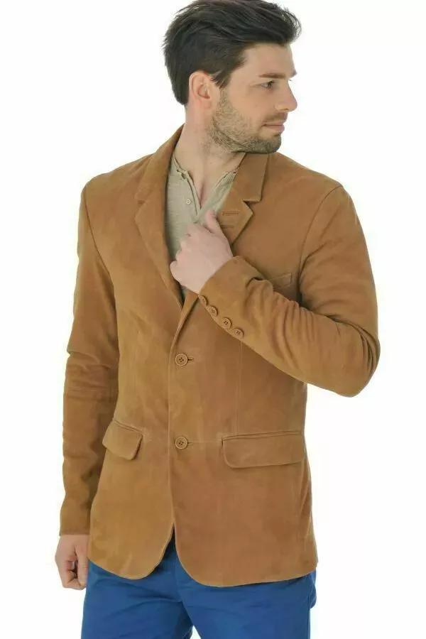 Pánske hnedé semišové kožené sako z pravej mäkkej ovčej kože ručne vyrobené elegantné úzky strih