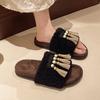 Fashion Fashion Designer Tassel Slippers Women's Luxury Fur Shoes 2025 Summer New Retro Women Open Toe Flat Slides