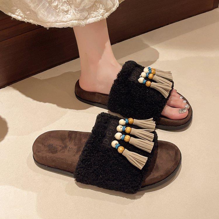Fashion Fashion Designer Tassel Slippers Women's Luxury Fur Shoes 2025 Summer New Retro Women Open Toe Flat Slides