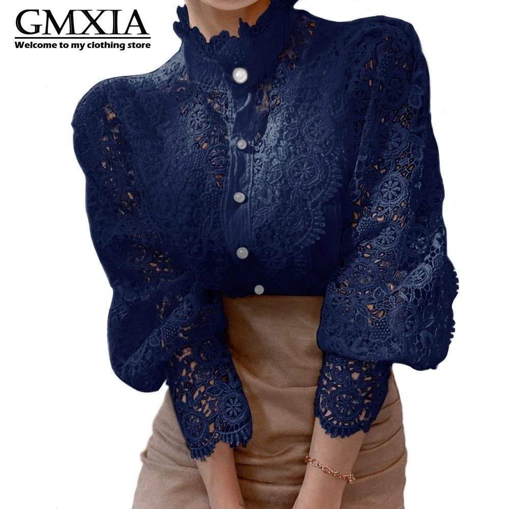 

GMXIA Женская Мода Повседневный Однотонный Принт Длинный Рукав Досуг Блузки и Рубашки XXXL темно-синий