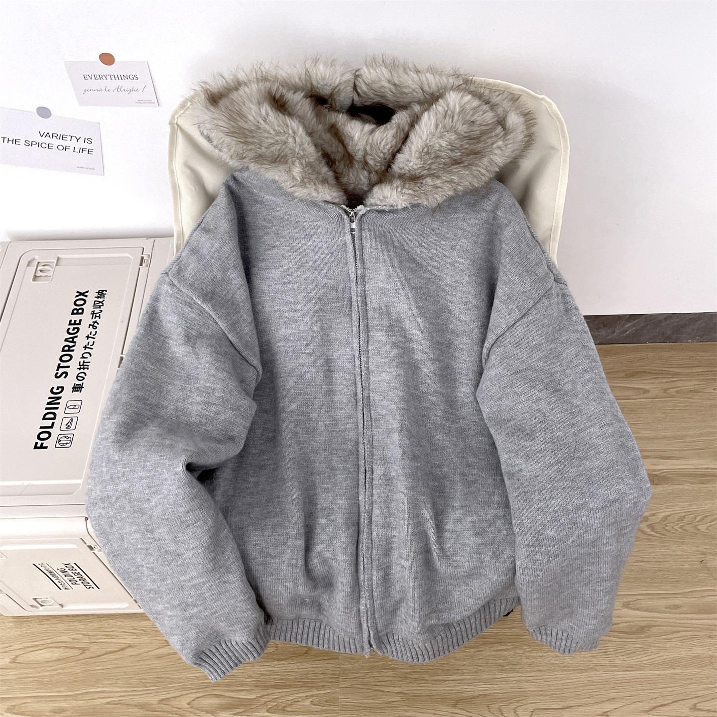 

Zuoshan Diao Men s Winter Fur Collar Hooded Knit Sweater Large сірий колір
