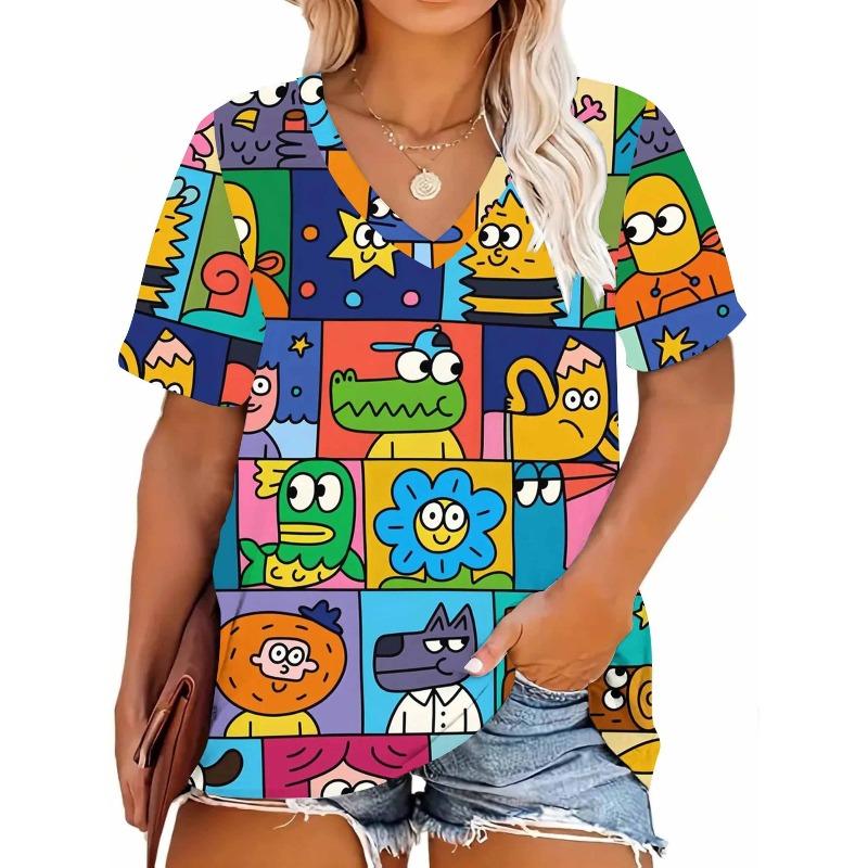 Summer Women 3D Print Plus Size T-shirt V-neck Short Sleeved Loose Casual Top Fashion Women T-shirt Street Wear