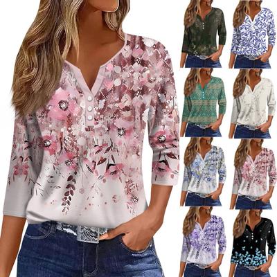3/4 Length Sleeve Womens Tops Floral Print Vintage Fashion Casual Loose With V Neck Plus Size Shirts