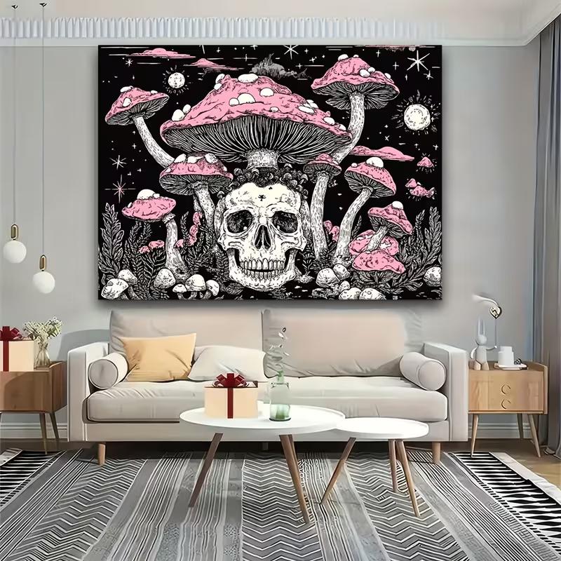 2D Gothic Skull & Pink Mushroom Tapestry Dark Aesthetic Room Background