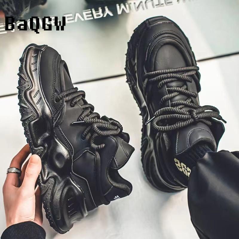 Fashion Chunky Sneakers Men Soft Sole Running Shoes Fashion Casual Leather Color Block Design Breathable Height Increased Platform Shoes