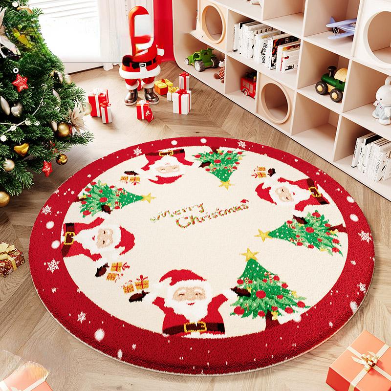 Cartoon Style Rugs for Bedroom Christmas Living Room Decoration Red Carpet Round Thickend Lounge Floor Mat Fluffy Soft Plush Rug