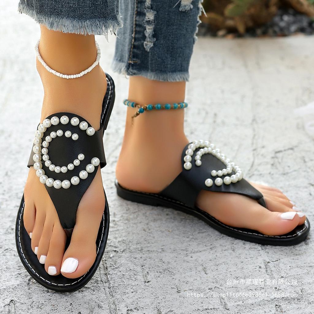 2025 New Fashion Casual Large Size Pearl Toe Solid Color Flat Casual Slippers Fashion Beach Women's Shoes