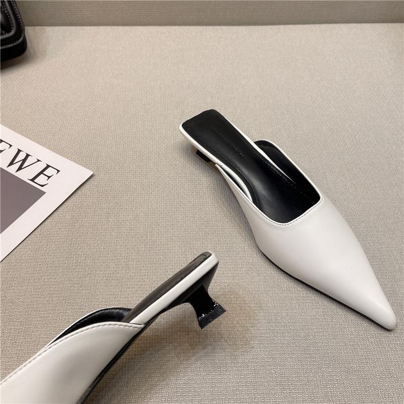 2025 Spring New Temperament Thin Pointed Cat with Bag Head Cool Slippers Women Wear Soft Leather Thin Heel Muller Half Slippers