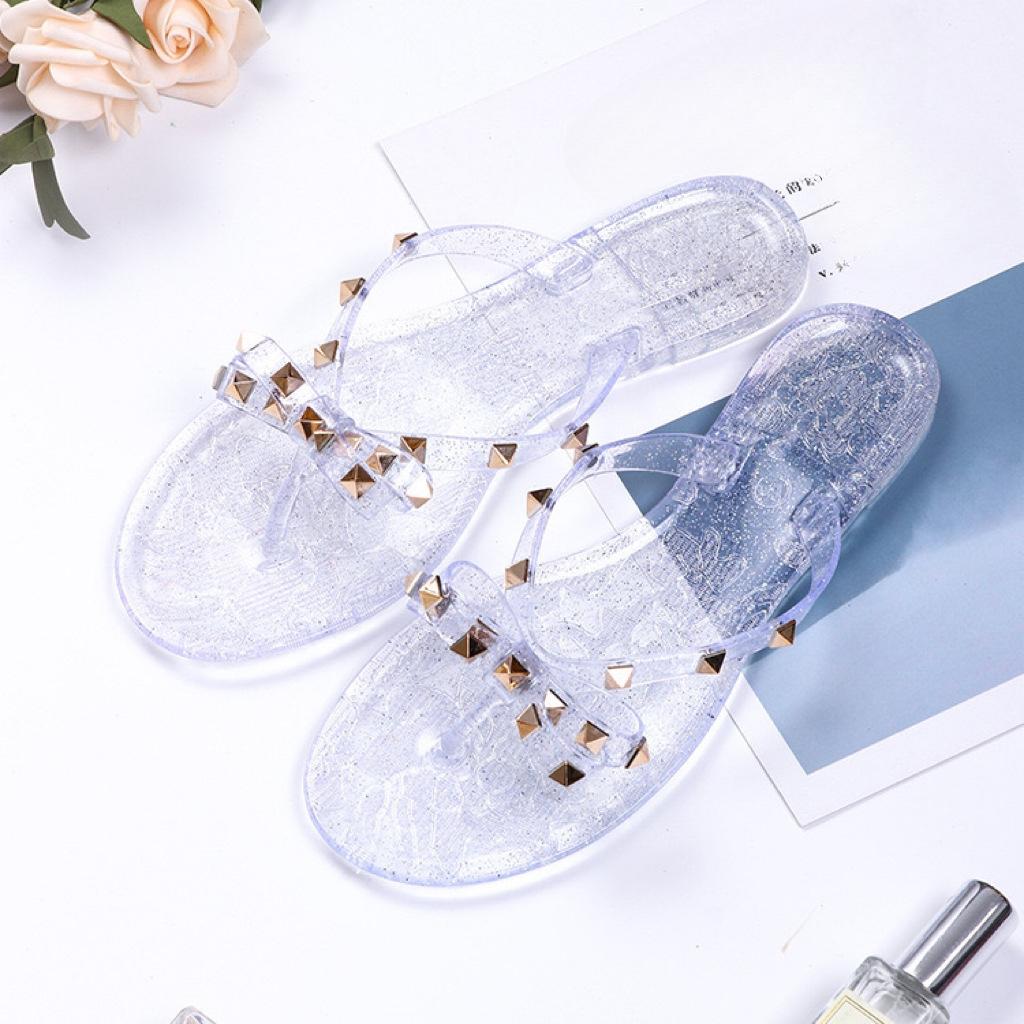 Nieten Fliege Flip-Flops Nieten Jelly Zehensandalen mit Schleife Sommer Schleife Flache Strand Regenstiefel
