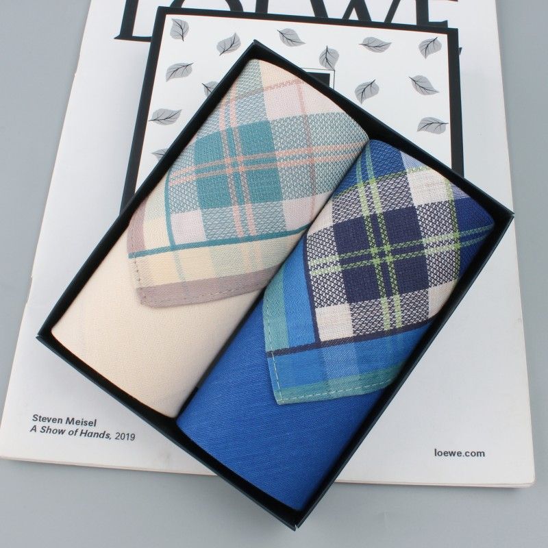

Gift Box-Packed Full Cotton Handkerchief Men Cotton Gingham Thin Handkerchief Chinese Ancient Style Square Towel Summer Sweat-Wiping Portable Gift Jane Beige + Blue Green