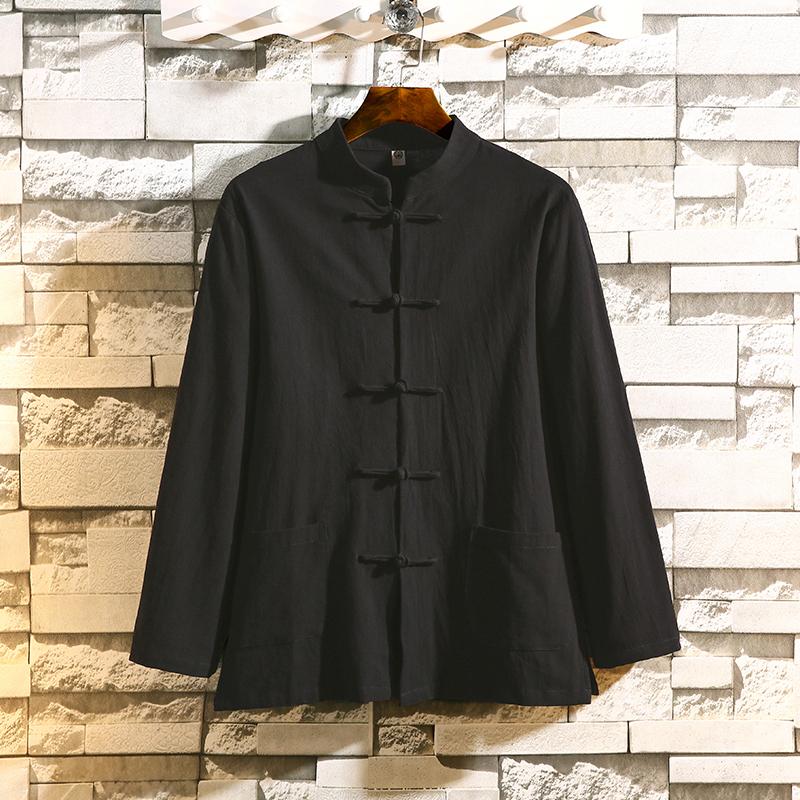 Chinese Traditional Tang Suit Hanfu Kimono Linen Shirt Solid Color Stand Collar Shrts Men Cardigan Casual Retro Button Top