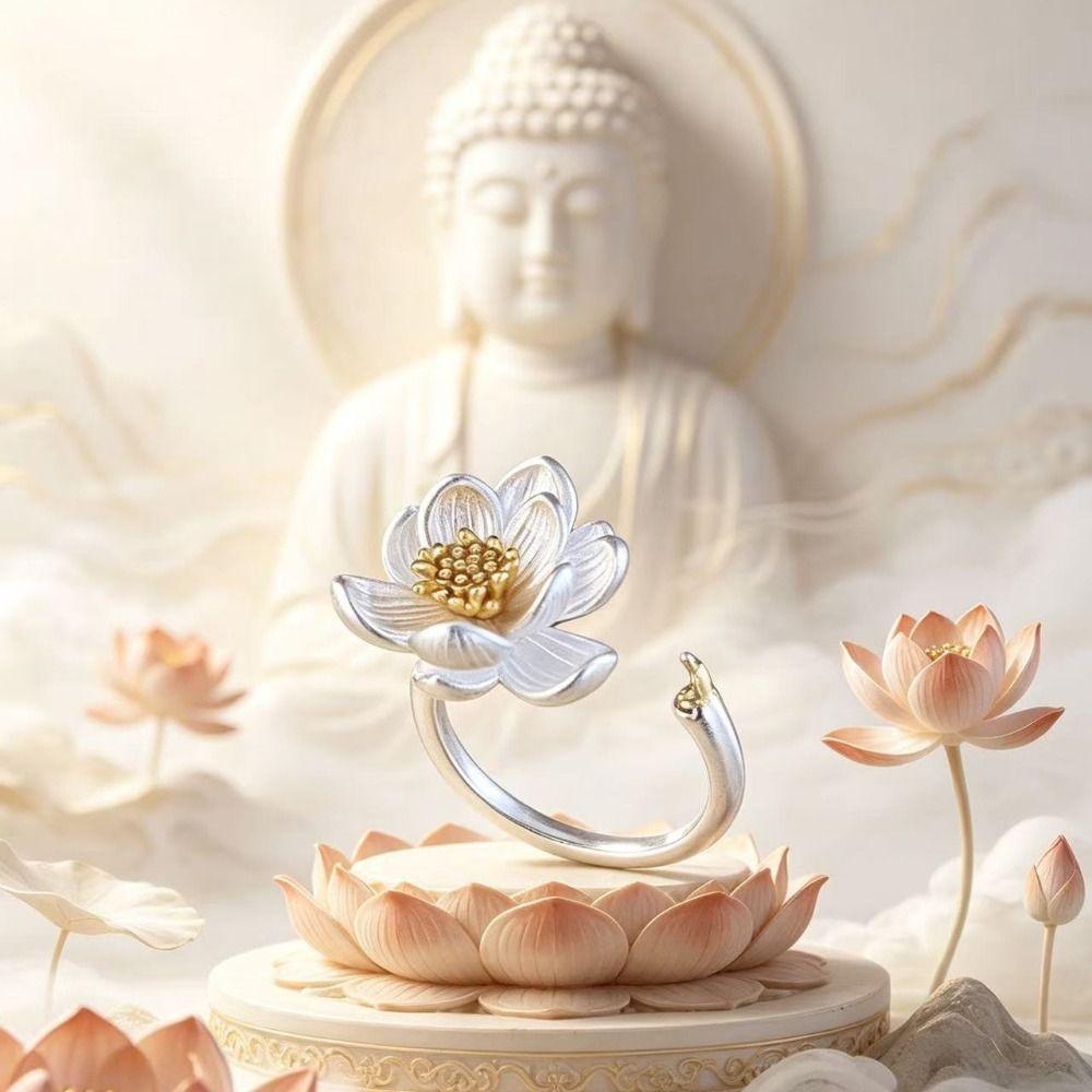 Adjustable Lotus Flower Ring Open Size Ancient Style Ring Fashionable Fashion Ring Party